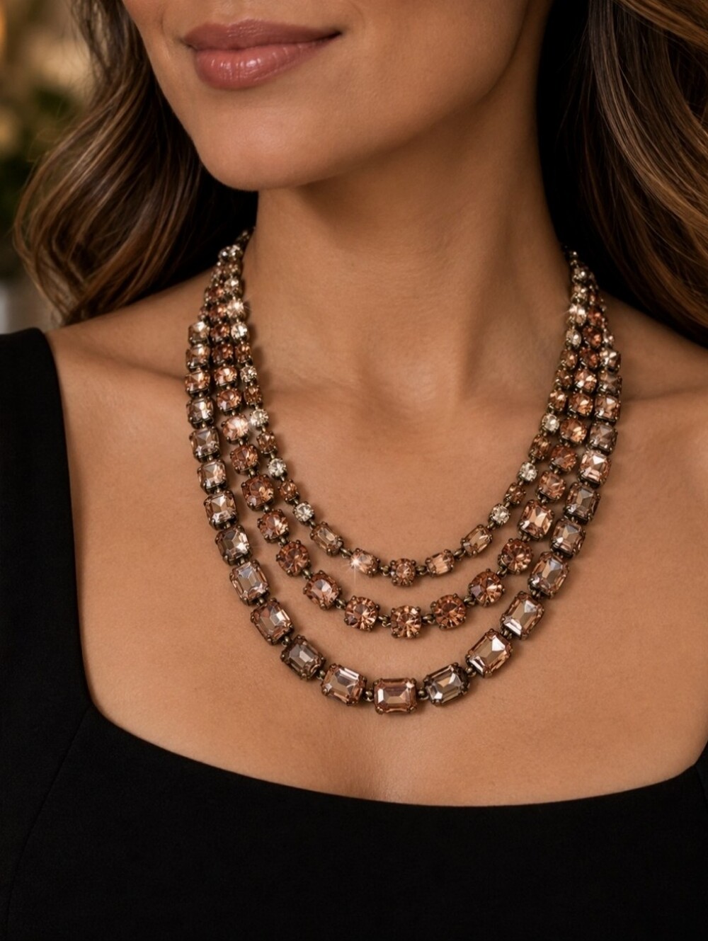 Loft Triple Strand Topaz Peach Emerald Cut Rhinestone Necklace Ann Taylor EUC